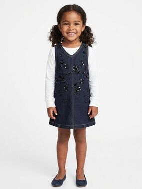 H&M Girls Denim Pinafore Dress Size 5T Dark Beaded Sequin Flower Like New